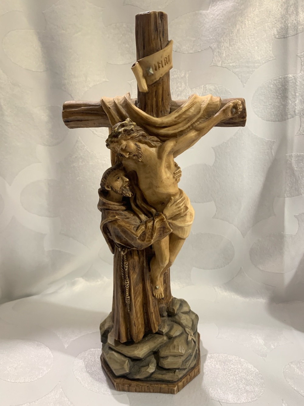 Religious Statue of Saint Francis with Assisi in Brown and Cream